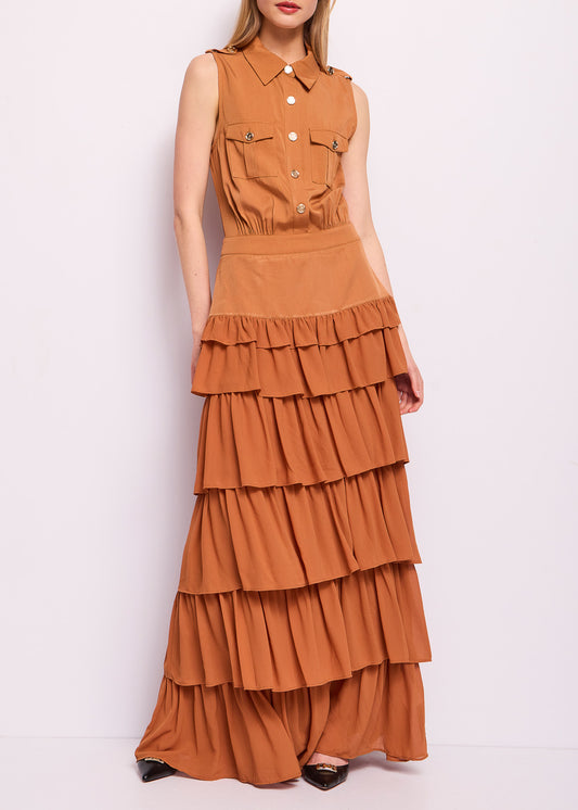 Abito lungo marrone con balze - art. 511DD15041 - Denny Rose Primavera Estate 2025 Donna
