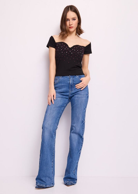T-shirt in cotone con strass- art. 511DD64010 - Denny Rose Primavera Estate 2025 Donna