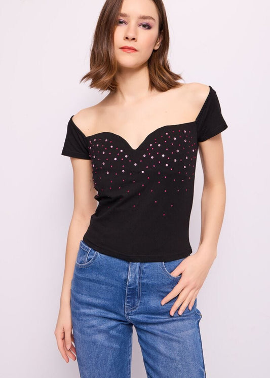 T-shirt in cotone con strass- art. 511DD64010 - Denny Rose Primavera Estate 2025 Donna
