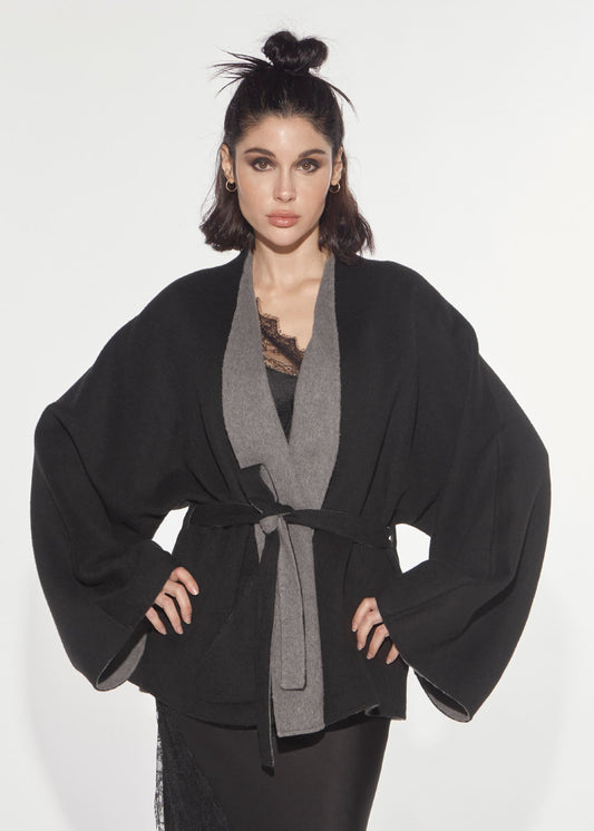 Caban kimono double-face grigio-nero Denny Rose 621DD35007