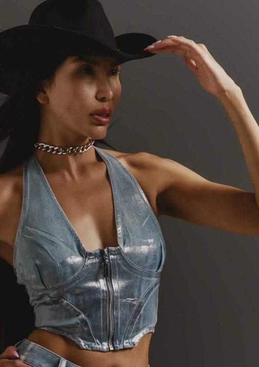 Top denim laminato donna - art. 611DD46001 - Denny Rose Primavera Estate 2026