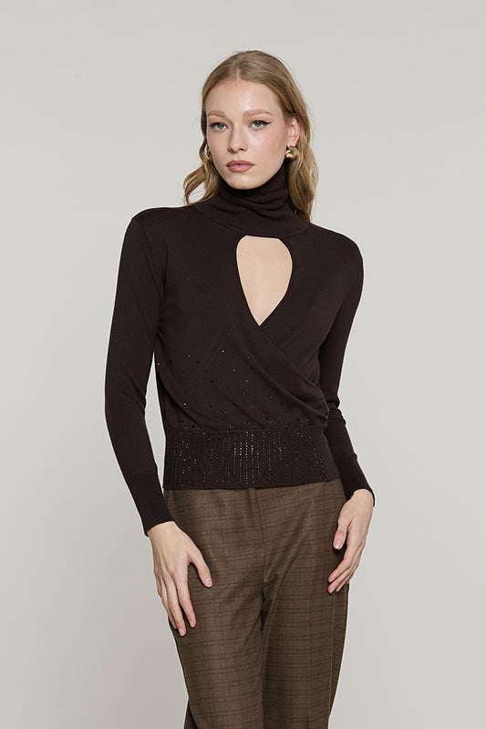 Maglia LIRHA manica lunga collo alto scollo incorcio + strass fondo - RDA2602054004 - Relish Autunno/Inverno 2026