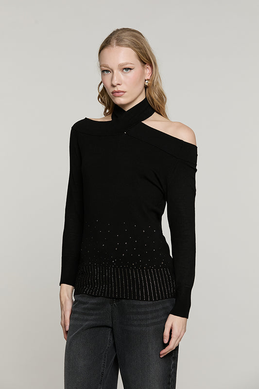 Maglia SECURAMENTE manica lunga scollo bardot con collo incrociato + strass fondo - RDA2602054005 - Relish Autunno/Inverno 2026