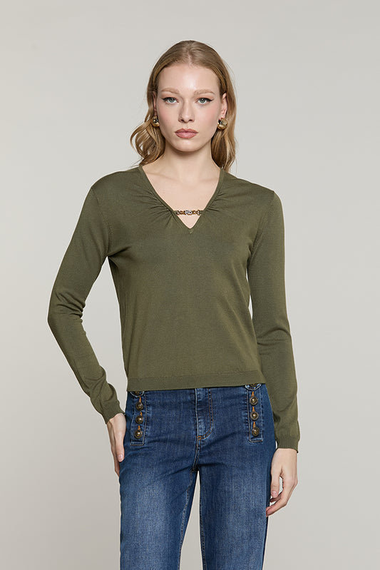 Maglia MORSETTO manica lunga scollo v con arricci + catena logo strass - RDA2602054006 - Relish Autunno/Inverno 2026