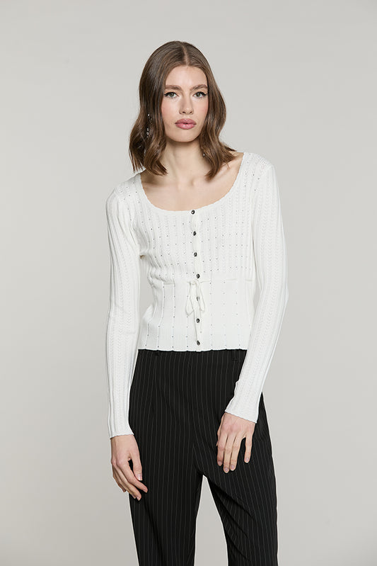 Cardigan MARISET manica lunga scollo madonna con strass + bott.crysta + cintura - RDA2602054009 - Relish Autunno/Inverno 2026