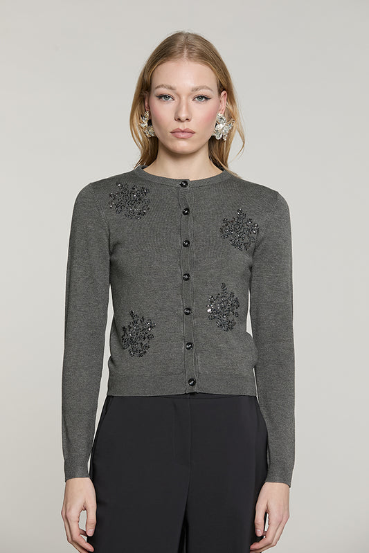 Cardigan SILVANI manica lunga girocollo con ricamo paillettes + baguette - RDA2602054045 - Relish Autunno/Inverno 2026