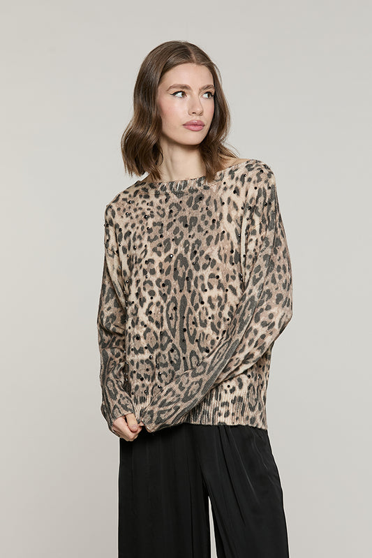 Maglia BAGLIO manica lunga collo barca fant.animalier con castoni + pietre - RDA2602261048 - Relish Autunno/Inverno 2026