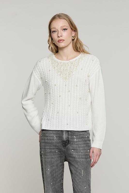 Maglia LAD manica lunga con lavorazione trecce + perle - RDA2602261049 - Relish Autunno/Inverno 2026