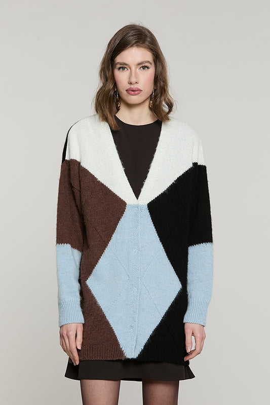 Cardigan ANVERSA lungo manica lunga scollo v con snap intarsio rombi - RDA2602529065 - Relish Autunno/Inverno 2026