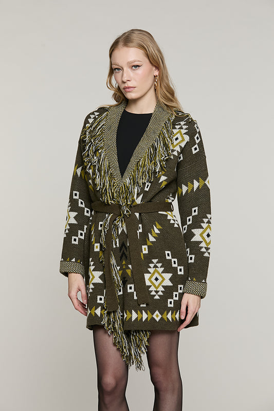 Cardigan ROTTERDAM lungo manica lunga con cintura + frange + jacquard peruviano - RDA2602529069 - Relish Autunno/Inverno 2026