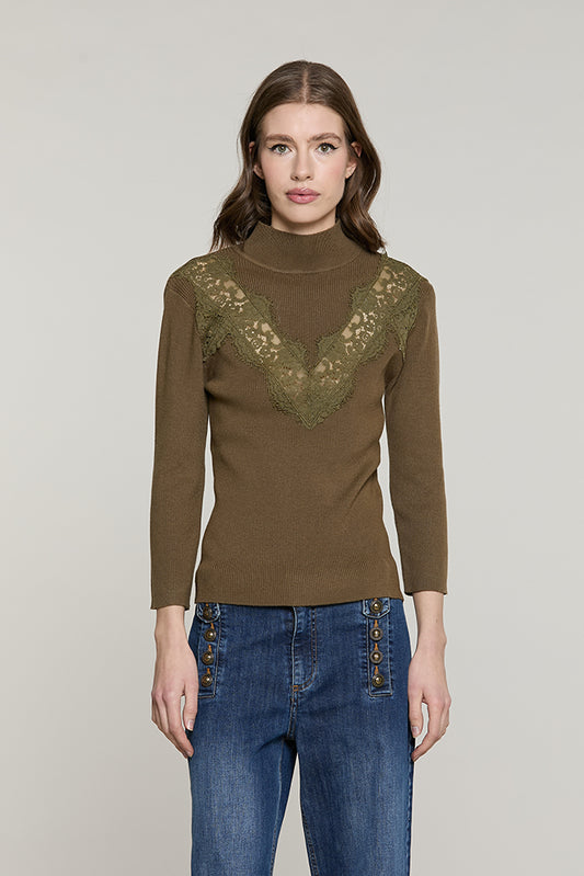 Maglia VOILA manica 3/4 collo vulcano con inserti pizzo costina - RDA2602605031 - Relish Autunno/Inverno 2026