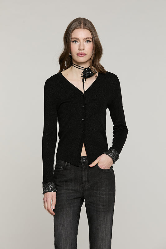 Cardigan SMOOTH manica lunga scollo a V con bordo paillettes + collarino fiore con strass - RDA2602637025 - Relish Autunno/Inverno 2026