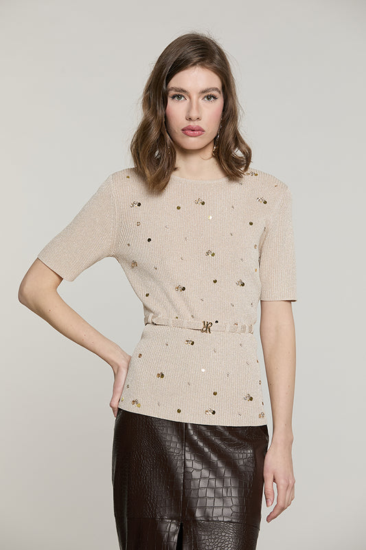 Maglia STRONGER mezza manica con paillettes + castoni + cintura con fibbia logo lurex - RDA2602637033 - Relish Autunno/Inverno 2026