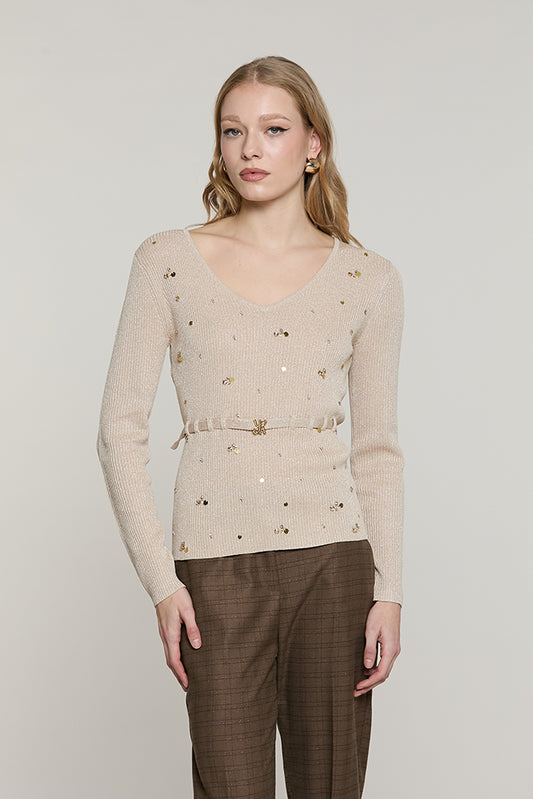 Maglia TABOO manica lunga scollo a V con paillettes + castoni + cintura con fibbia logo lurex - RDA2602637034 - Relish Autunno/Inverno 2026