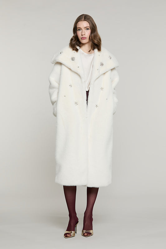 Pelliccia VIRGYN_LONG eco manica lunga con collo ampio + tasche + ganci + castoni + pietre - RDA2605009007 - Relish Autunno/Inverno 2026