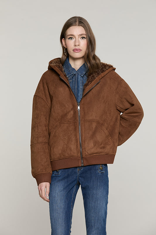 Montone GOMEZ manica lunga con cappuccio + zip + tasche + bordi costa ecocamoscio - RDA2605009008 - Relish Autunno/Inverno 2026