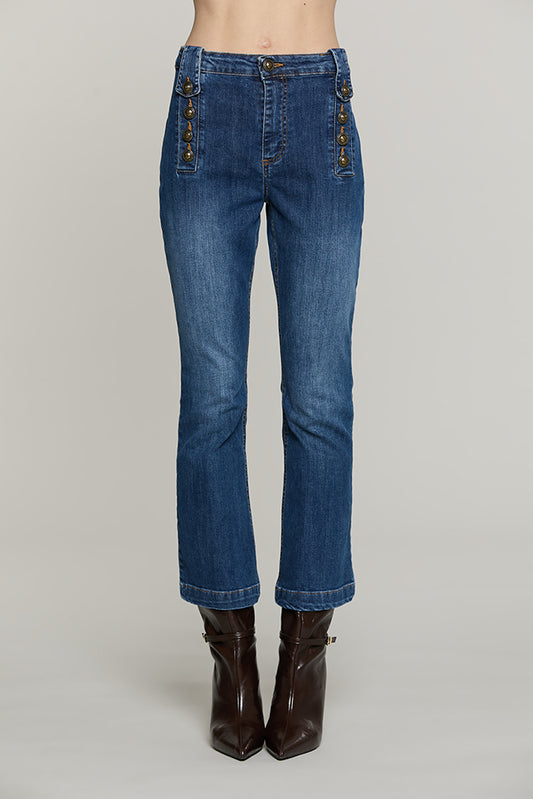 Panta PALENCIA_CROP vita alta con passanti punta + dettaglio bottoni denim - RDA2607016040 - Relish Autunno/Inverno 2026