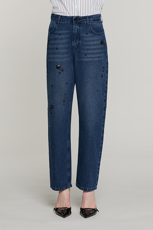 Panta CARLA_BLUE vita media baggy fit con castoni + pietre denim blue - RDA2607033036 - Relish Autunno/Inverno 2026