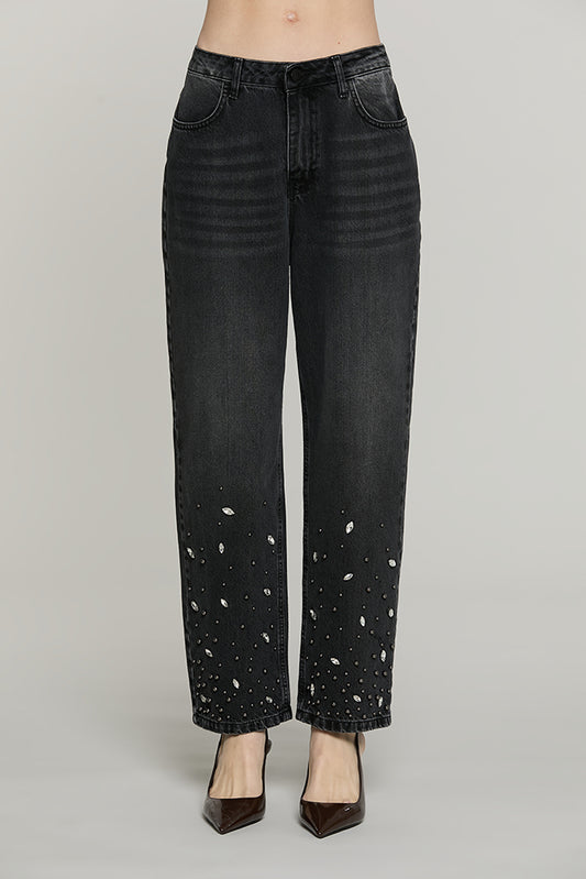 Panta CARLA_BLACK v.media baggy fit con castoni + pietre + perline denim black - RDA2607033037 - Relish Autunno/Inverno 2026