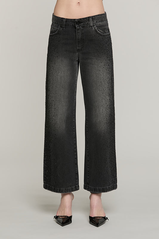 Panta ELLELONG_BLACK vita media straight fit 5 ts con strass denim black - RDA2607033043 - Relish Autunno/Inverno 2026