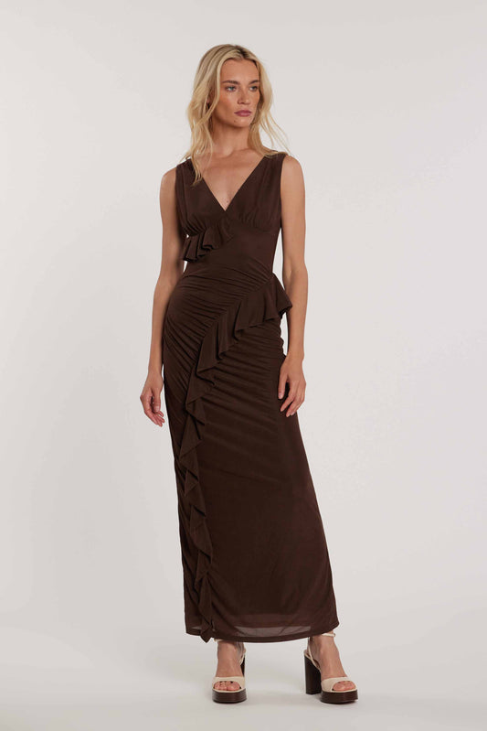 Abito LANE lungo smanicato doppio scollo a V con pieghe più arricci più rouches art. RDP2609006021 Donna Relish Primavera Estate 2026