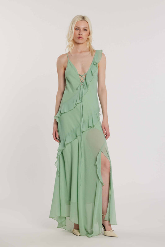 Abito CARAH lungo smanicato doppio scollo V con rouches più stringhe più spacco art. RDP2609009022 Donna Relish Primavera Estate 2026