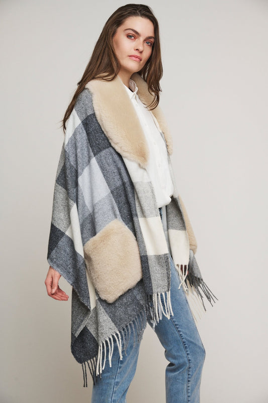 Poncho APOLLO PONCHO WITH FUR DETAILS Rino & Pelle Autunno Inverno 2024/25 Black birch - Denny Store