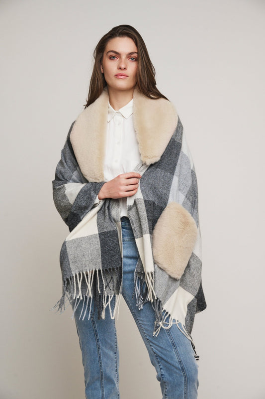 Poncho APOLLO PONCHO WITH FUR DETAILS Rino & Pelle Autunno Inverno 2024/25 Black birch - Denny Store