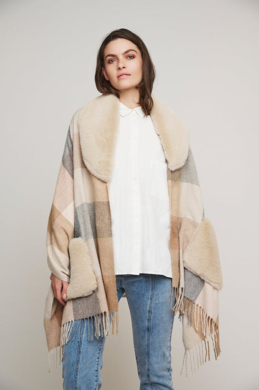 Poncho APOLLO PONCHO WITH FUR DETAILS Rino & Pelle Autunno Inverno 2024/25 Sand birch - Denny Store
