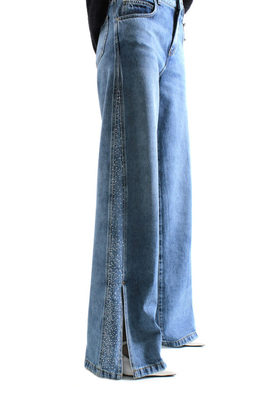 Pantalone ELLESPACK_20 vita media con applicazioni strass più spacchi laterali straight fit denim blu art. RDP2607033010 Donna Relish Primavera Estate 2026