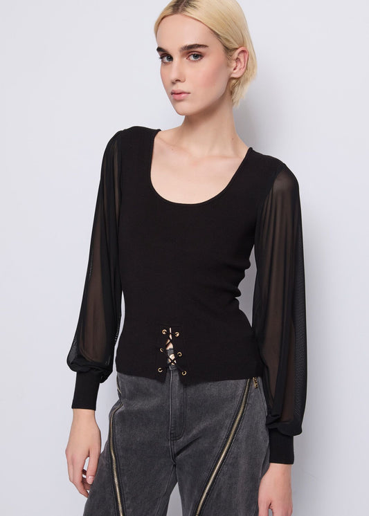 Maglia nera a costine con tulle - art. 521DD53004- Denny Rose Autunno Inverno 2025/26