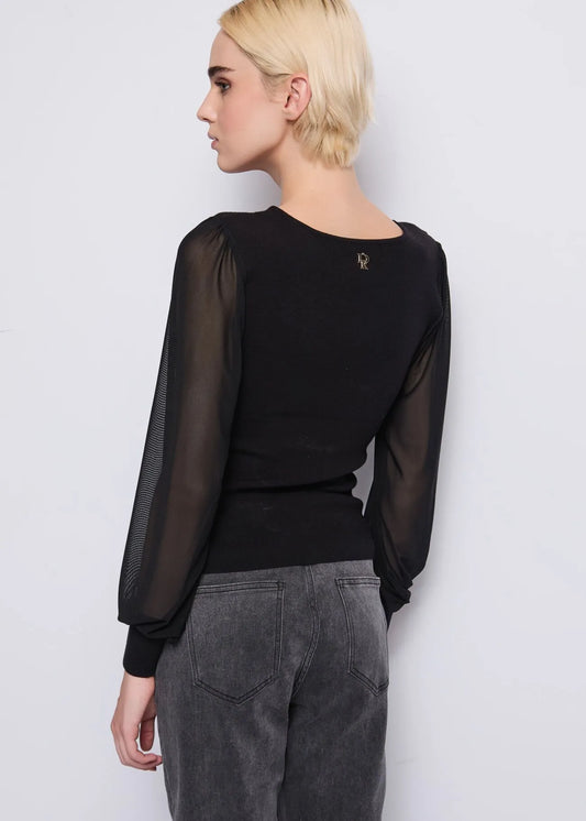 Maglia nera a costine con tulle - art. 521DD53004- Denny Rose Autunno Inverno 2025/26
