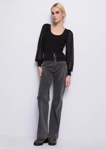 Maglia nera a costine con tulle - art. 521DD53004- Denny Rose Autunno Inverno 2025/26