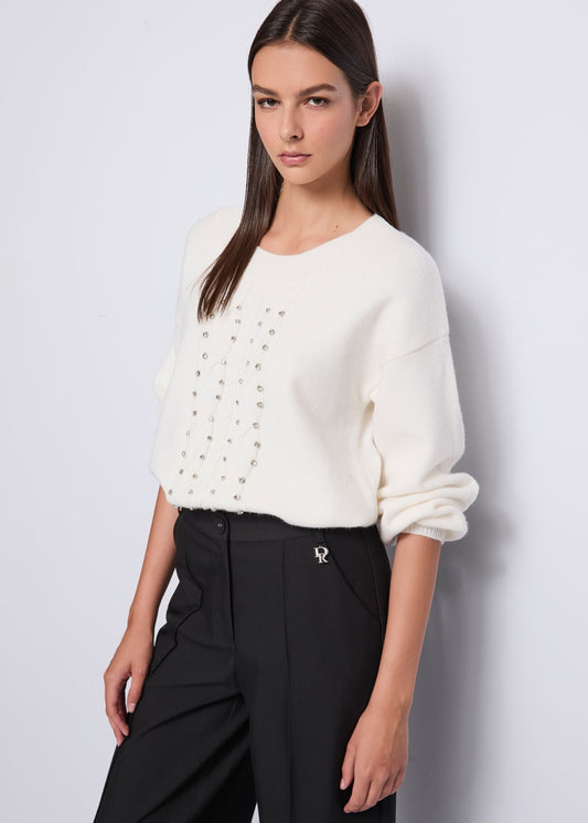 Maglia bianca in lana con strass  - art. 521DD53010- Denny Rose Autunno Inverno 2025/26
