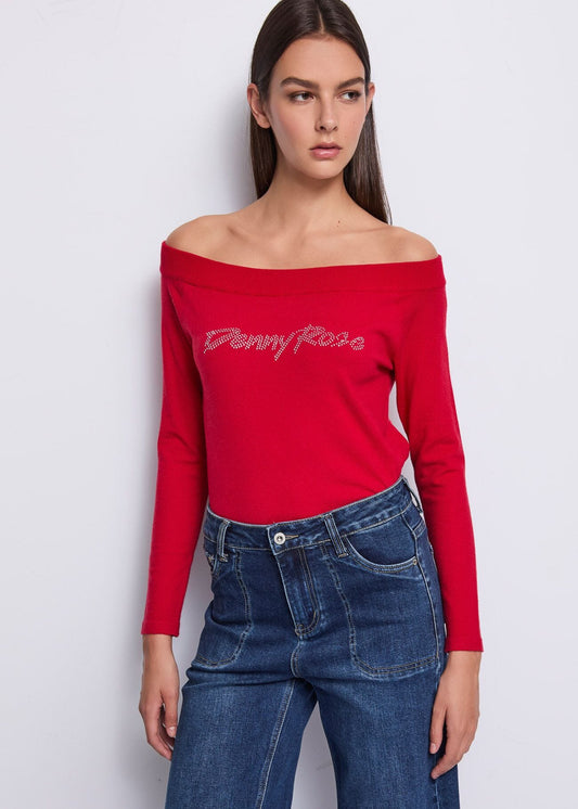 Maglia rossa con logo e strass - art. 521DD53013 - Denny Rose Autunno Inverno 2025/26