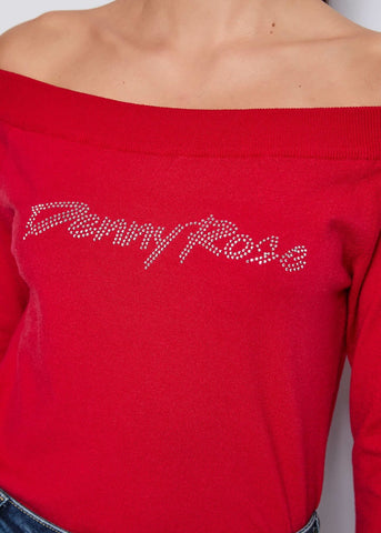 Maglia rossa con logo e strass - art. 521DD53013 - Denny Rose Autunno Inverno 2025/26