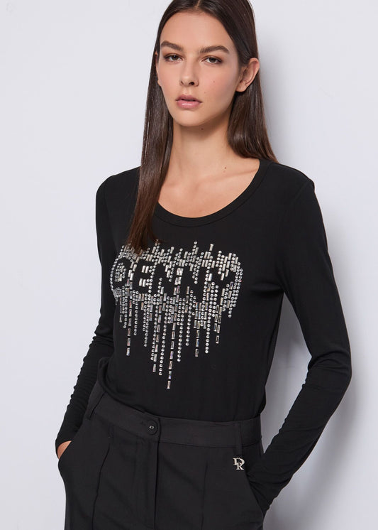 T-shirt nera con cuore e strass  - art. 521DD64005- Denny Rose Autunno Inverno 2025/26