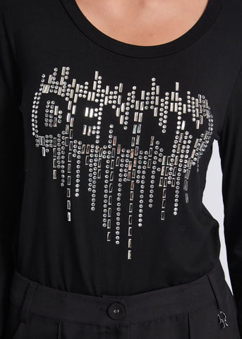 T-shirt nera con cuore e strass  - art. 521DD64005- Denny Rose Autunno Inverno 2025/26