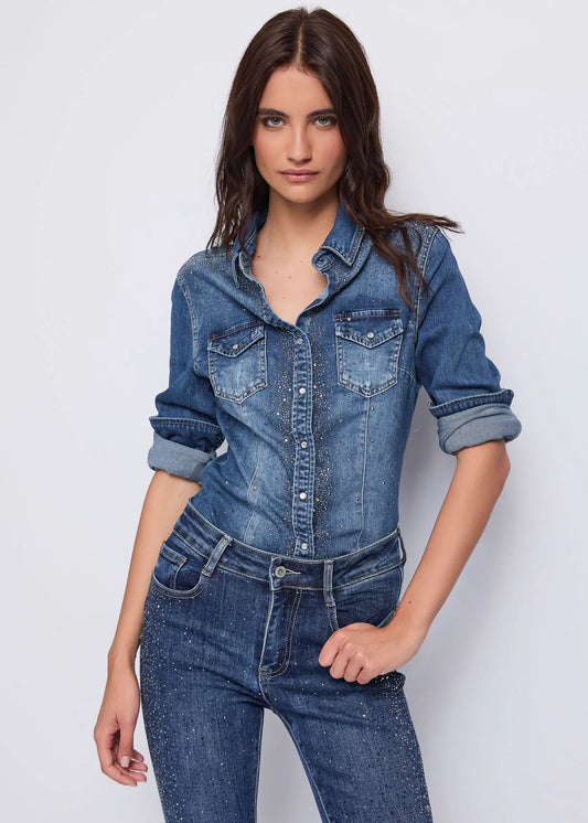 Camicia denim con strass - art. 521ND46002  - Denny Rose Autunno Inverno 2025/26