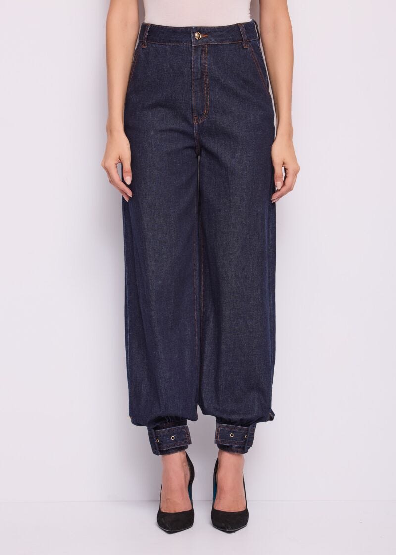 Jeans a vita alta da donna con cinturini - fronte