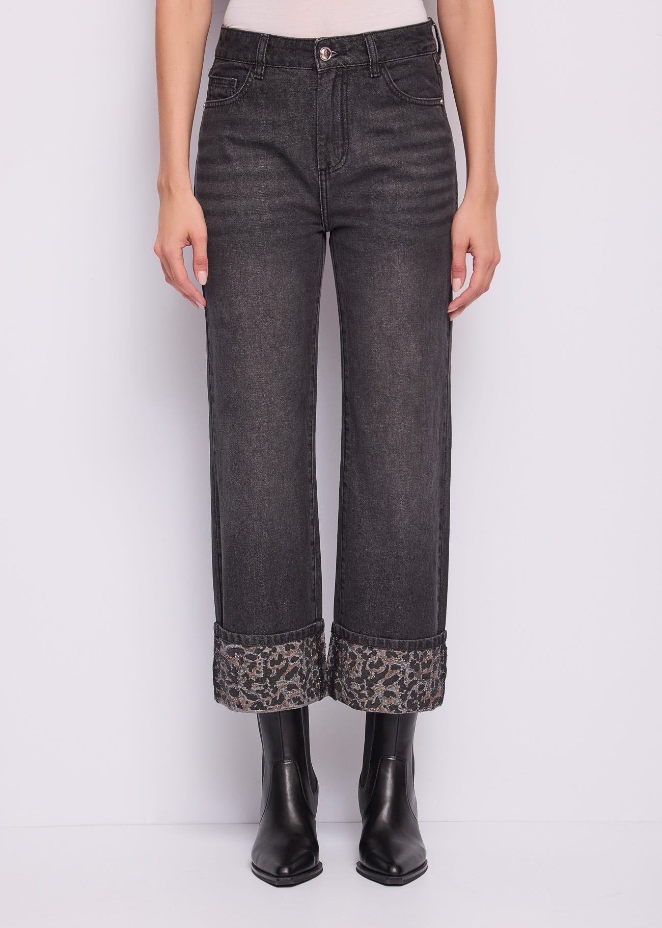 Jeans straight da donna con risvolto animalier