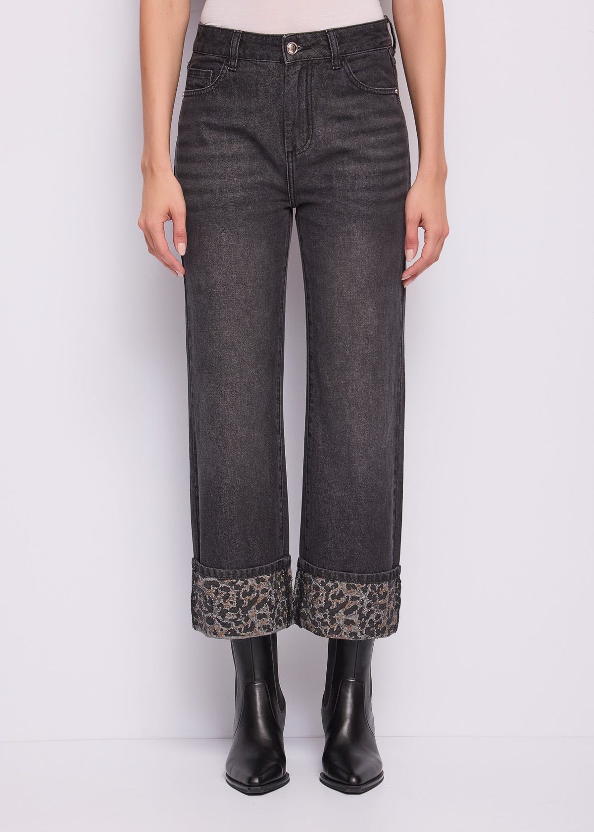 Jeans straight da donna con risvolto animalier