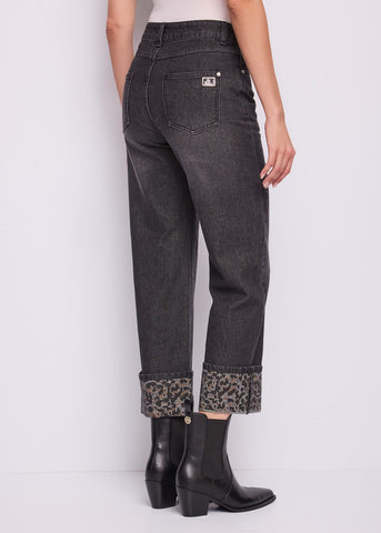 Jeans straight da donna con risvolto animalier
