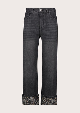 Jeans straight da donna con risvolto animalier