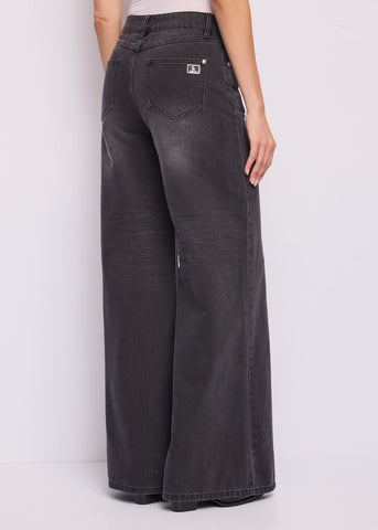 Jeans wide leg da donna con bottone gioiello