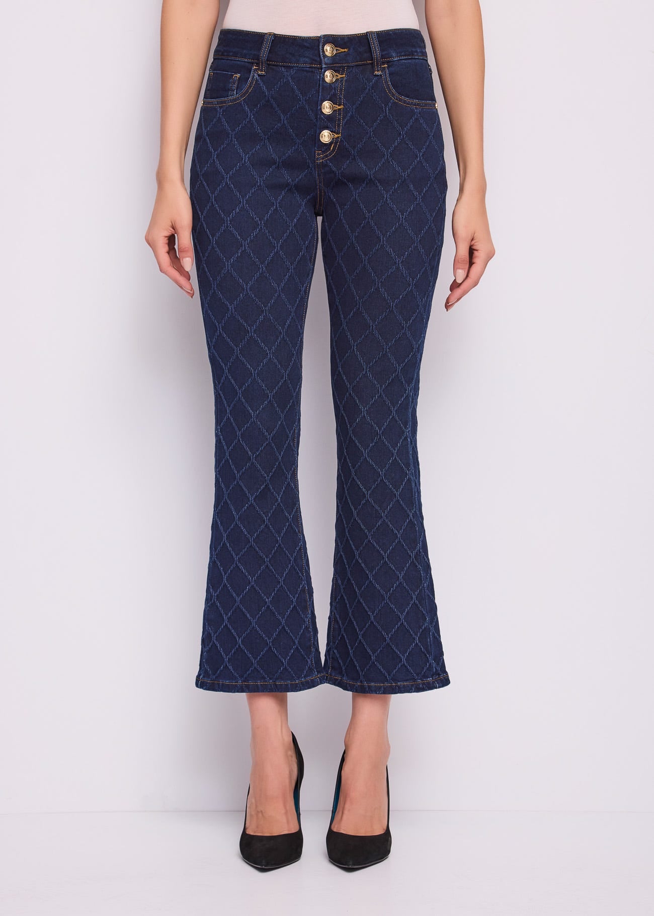 Jeans flare cropped da donna in cotone jacquard
