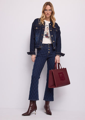 Jeans flare cropped da donna in cotone jacquard