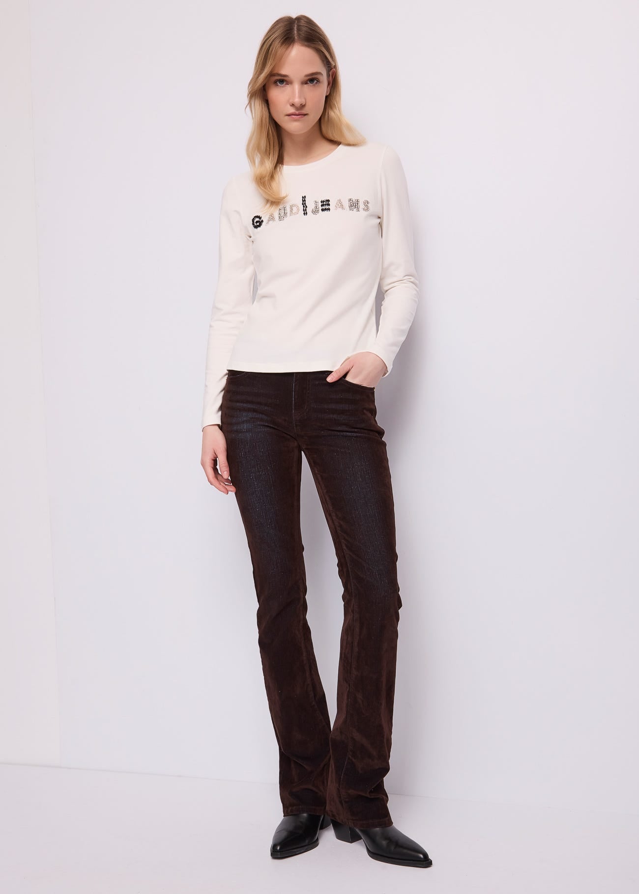 Jeans cinque tasche da donna in cotone flock