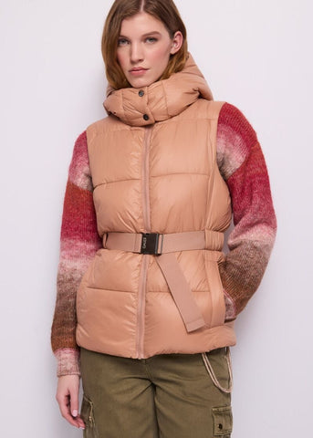 Gilet marrone da donna in nylon con cintura - fronte