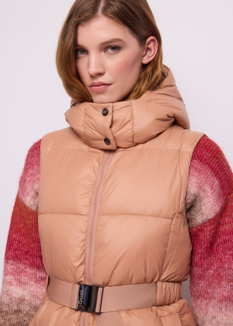 Gilet marrone da donna in nylon con cintura - dettaglio 2
